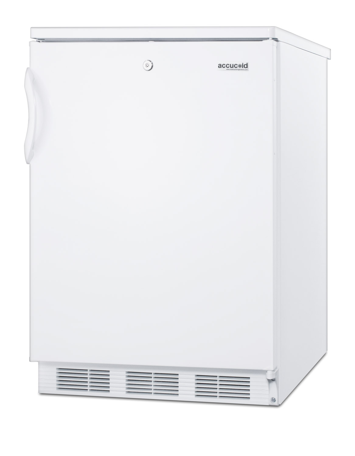 Commercially listed freestanding all-refrigerator for general purpose use, with front lock, automatic defrost operation and white exterior